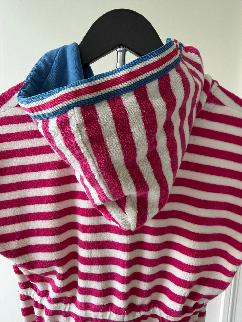 Mini Boden Girl’s Pink & White Striped Terry Toweling Hooded Swim Cover-Up Dress